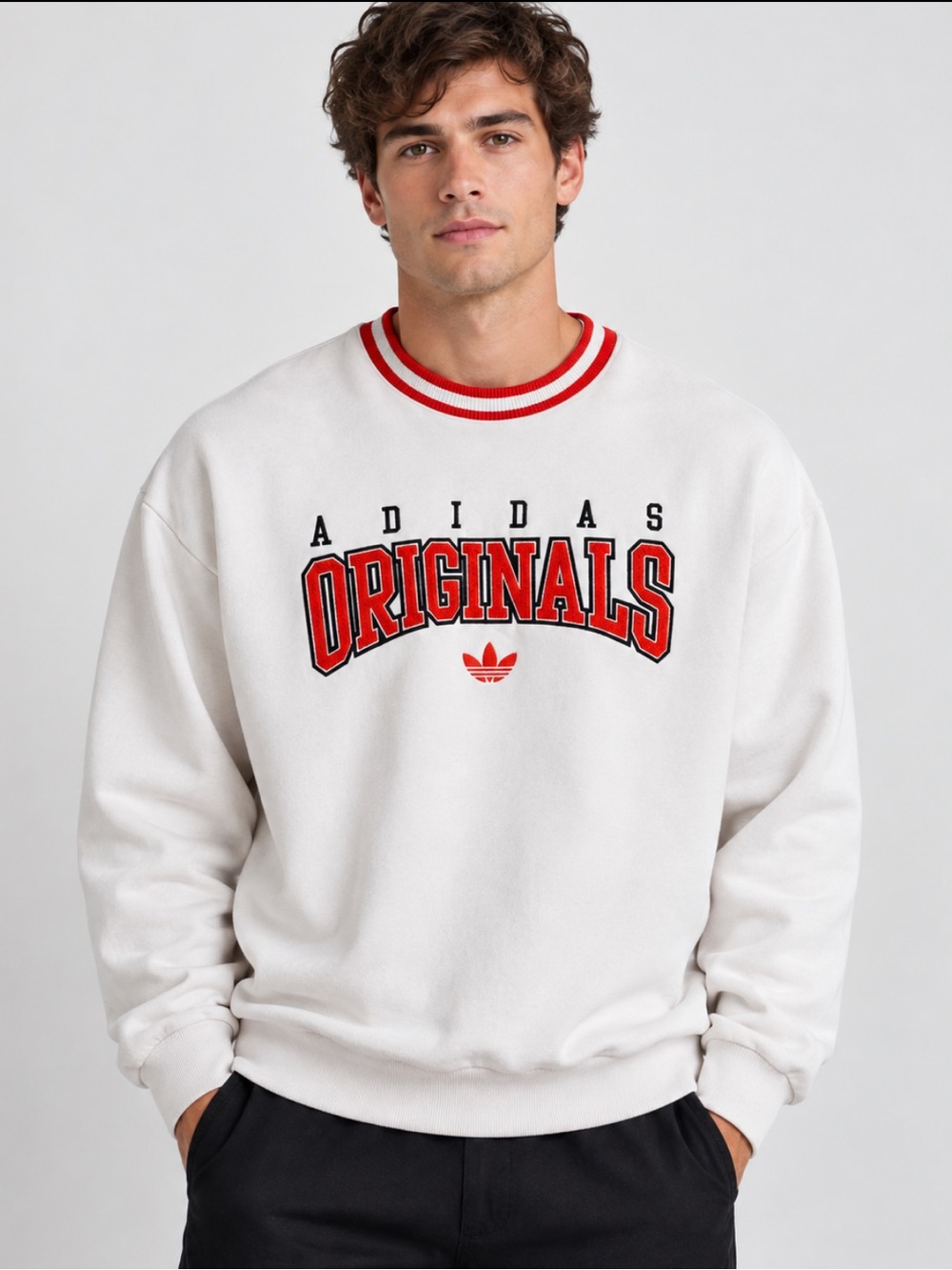 Adidas Originals White Red Varsity Crewneck Sweatshirt Embroidered Logo
